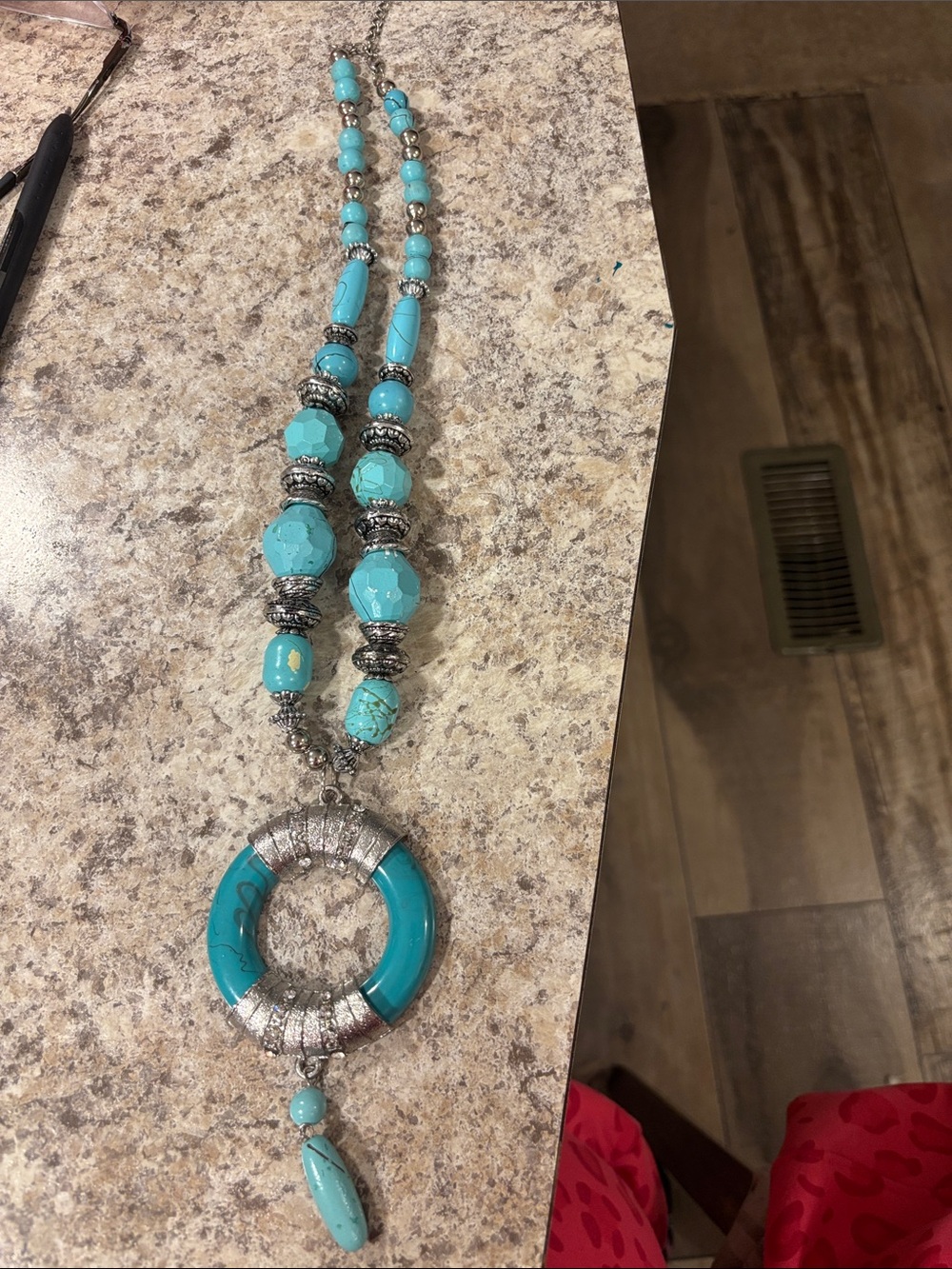 Turquoise Beaded Long Pendant Necklace with Silver Accents